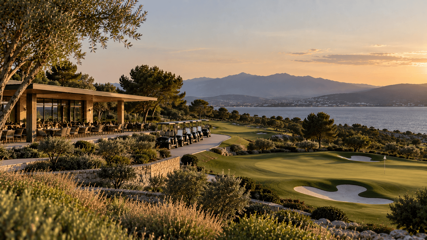 The clubhouse terrace and a row of golf carts beside a green at sunset, olive trees in front and the sea and mountains beyond